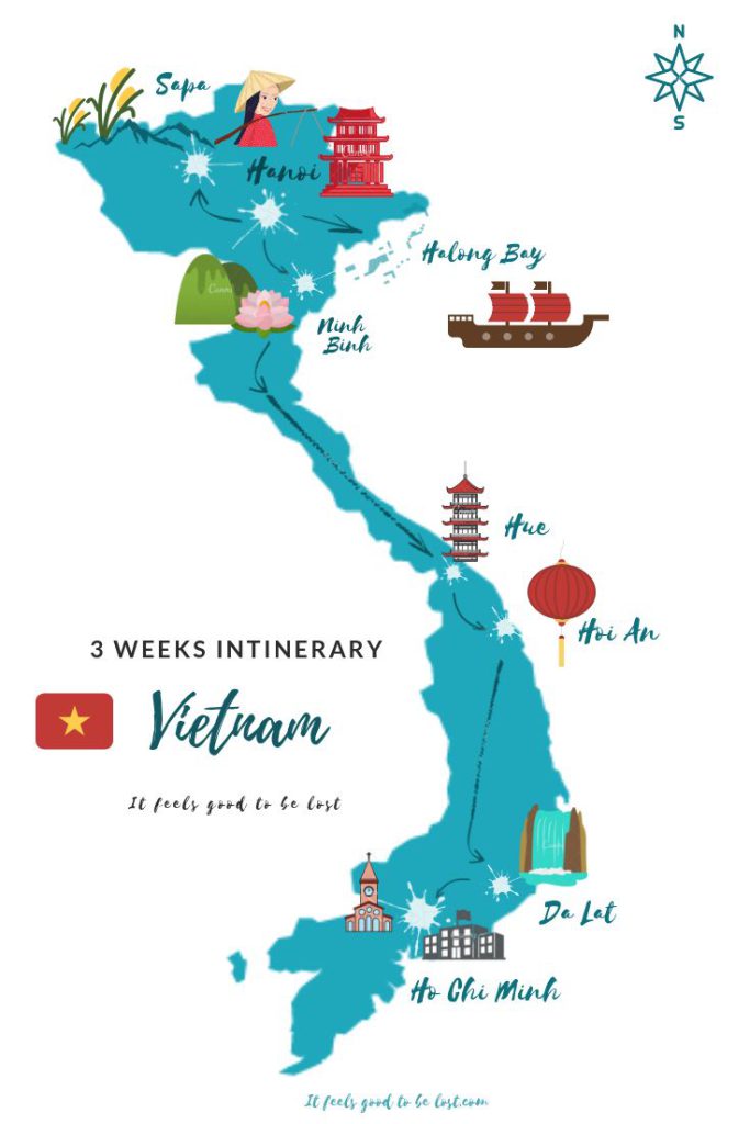 A cute Vietnam map highlighting places to visit