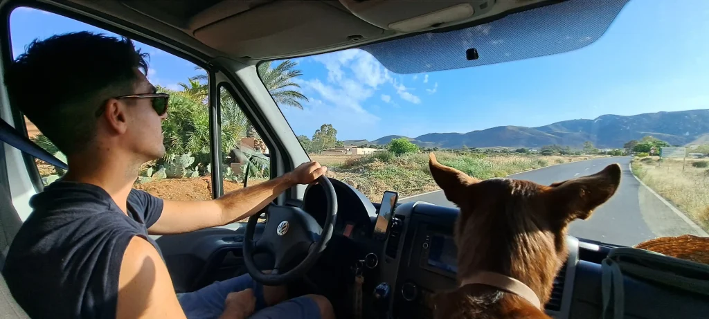 Rafa and Nala driving in Cabo de Gata